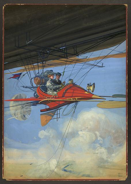 A vintage illustration of two adventurers piloting an early flying machine through the clouds